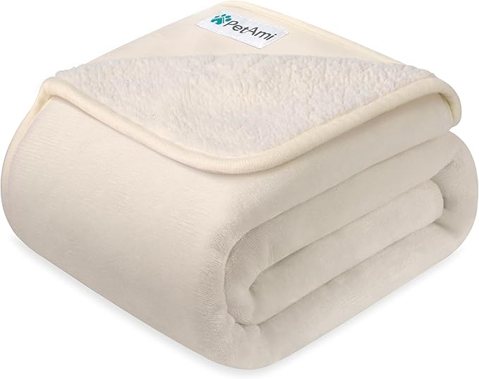 PETAMI Sherpa Fleece Waterproof CAT and Dog Blanket, Beige, Large