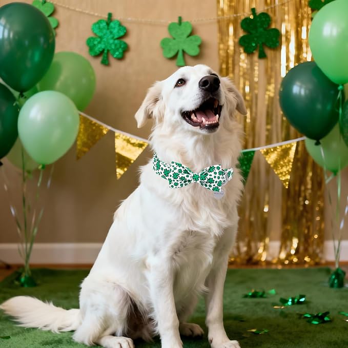 St. Patrick's Day Dog Collar with Bow Tie, Cotton St. Patrick's Day Bowtie Collar for Girl Boy Dog, Lucky Shamrock Dog Collar with Metal Buckle, Spring, L