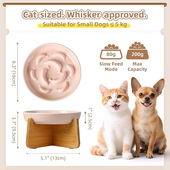 Elevated Slow Feeder Cat Bowl - Ceramic Cat Food Dish with Anti-Slip Bamboo Stand - Whisker Friendly Feeding Bowl - Raised Maze Plate for Slow Down Eating - Light Pink