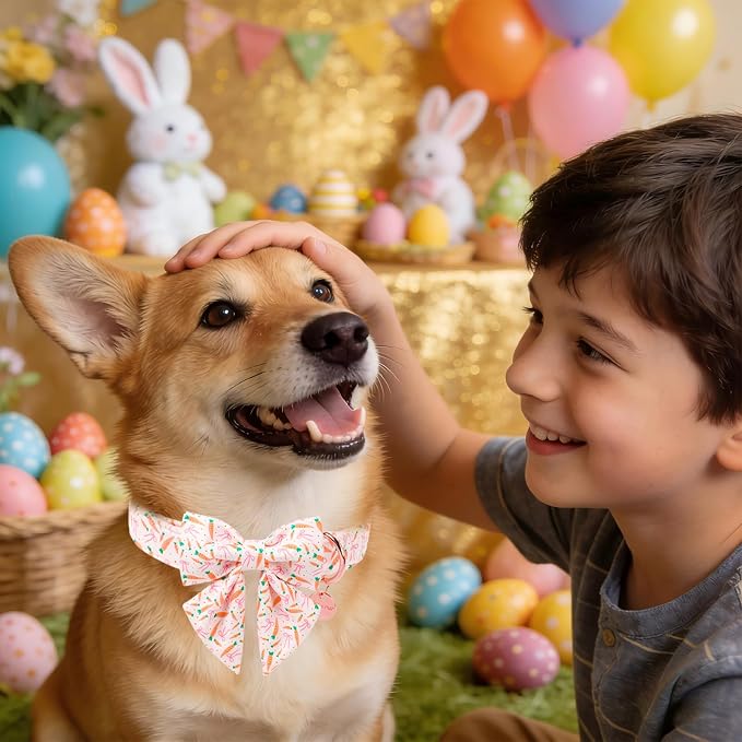 Easter Dog Collar with Bow Tie, Cotton Bunny Bowtie for Large Girl Boy Dog, Cute Rabbit Pet Collar with Metal Buckle, Gift, S