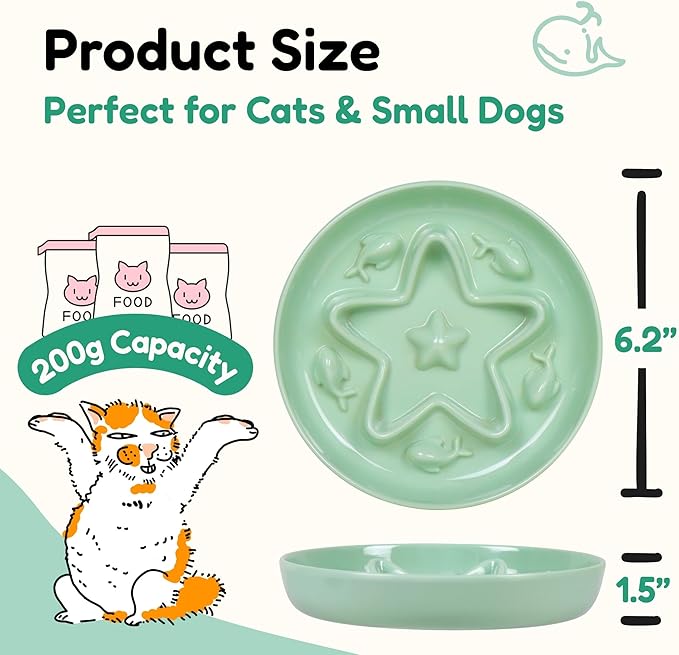 2 Pcs Cat Slow Feeder Bowl – Whisker Friendly Melamine Puzzle Feeding Cat Bowl for Slow Eating – Wet & Dry Food – Dishwasher Safe, Lightweight, Non-Slip (Ocean Mist + Seafoam Green, 6.3'')