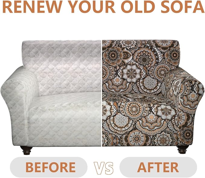 Stretch Loveseat Cover Sofa Slipcover for 2 Cushion Couch,Printed 1-Piece Sofa Cover Furniture Protector Couch with Elastic Bottom for Kids,Dog(Loveseat,A-Round Flower)