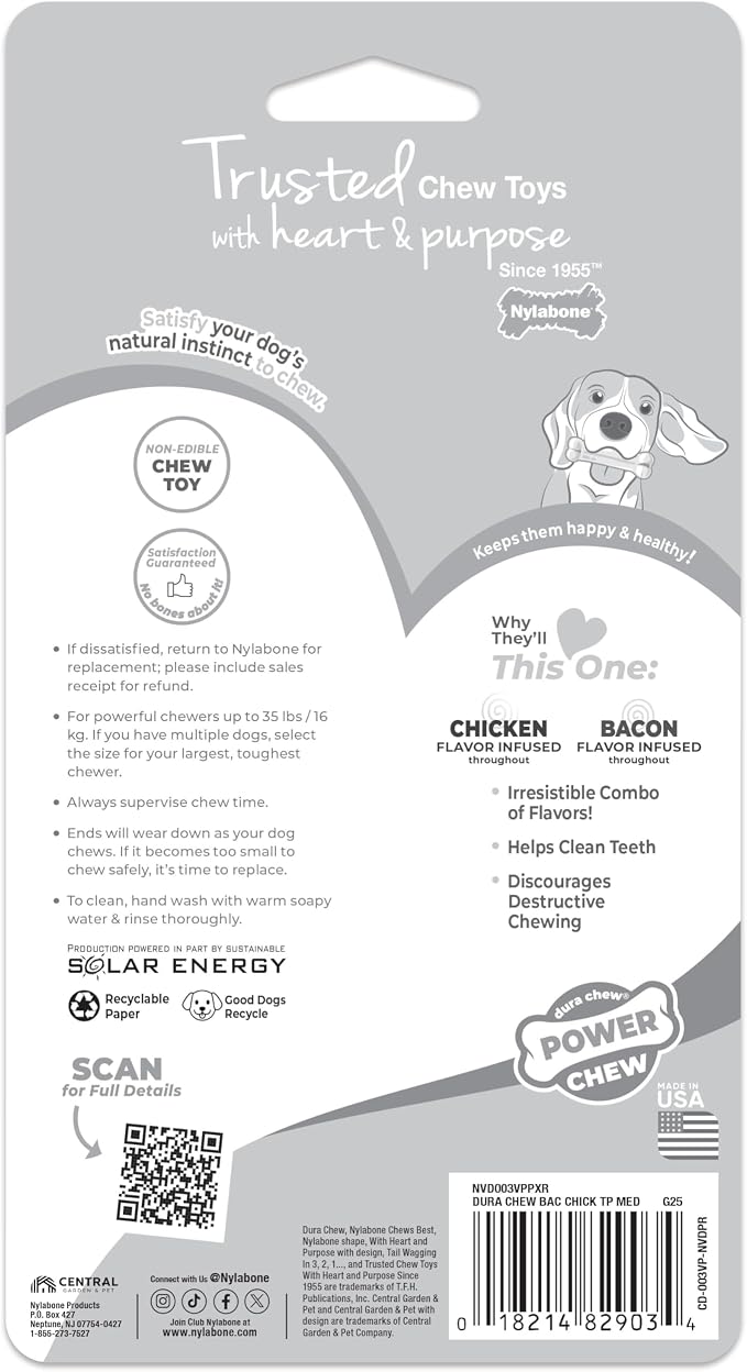 Nylabone Original Bone Power Chew Toy for Dogs, Durable Dog Toys for Aggressive Chewers, Basted Blast Bacon & Chicken Flavor, Medium - Up to 35 lbs, 2 Pack