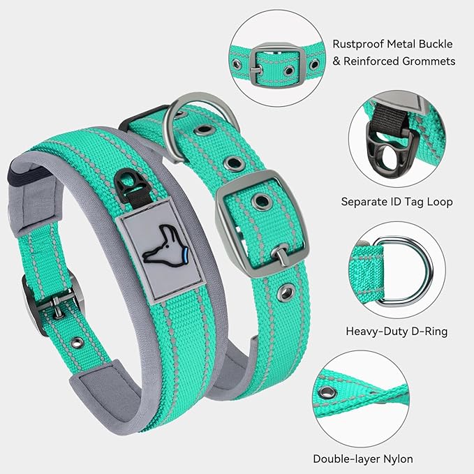 Joytale Dog Collar for Large Dogs, Neoprene Padded and Adjustable, Reflective Wide Heavy Duty Pet Collars with Durable Metal Belt Buckle for Walking, Teal, L