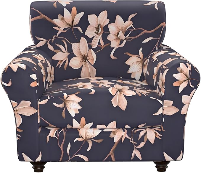 2 Piece Stretch Chair Covers Armchair Couch Covers,Floral Pattern Armchair Sofa Slipcover with Separate Chair Cushion Cover,Washable Furniture Protector for Living Room(Navy Blue)