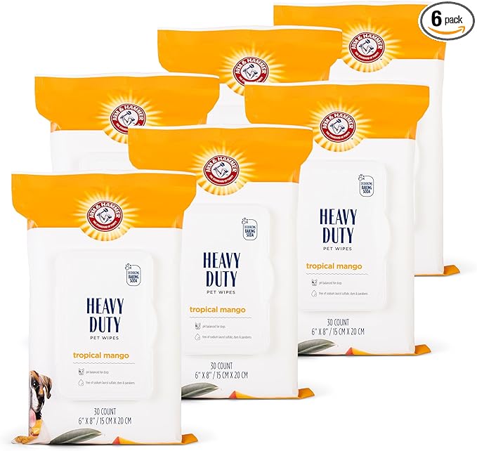 Arm and Hammer for Pets Heavy Duty Multipurpose Dog Bath Wipes, Mango Scent, Travel Size - All Purpose Wipes that Remove Odor and Refresh Dog Coat Between Baths, 30 Count - 6 Pack