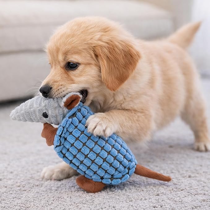 Hollypet Plush Dog Squeaky Toy Stuffed Armadillo Animal Pet Puppy Chew Toys with Clean Teeth for Small Medium Large All Breed Sizes Dogs, Sea Foam, 8 in