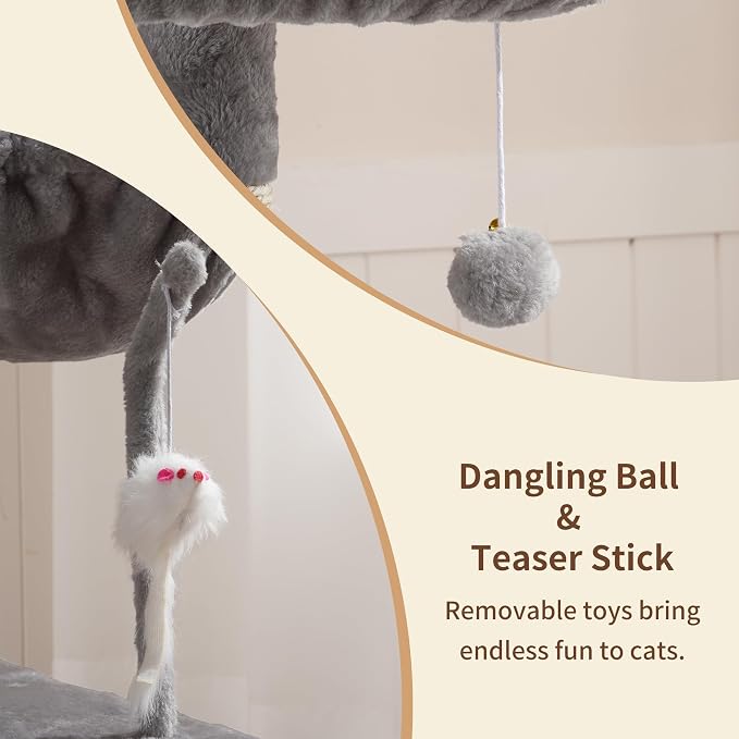 Heybly Cat Tree with Toy, Cat Tower condo for Indoor Cats, Cat House with Padded Plush Perch, Cozy Hammock and Sisal Scratching Posts, Light Gray HCT004SW
