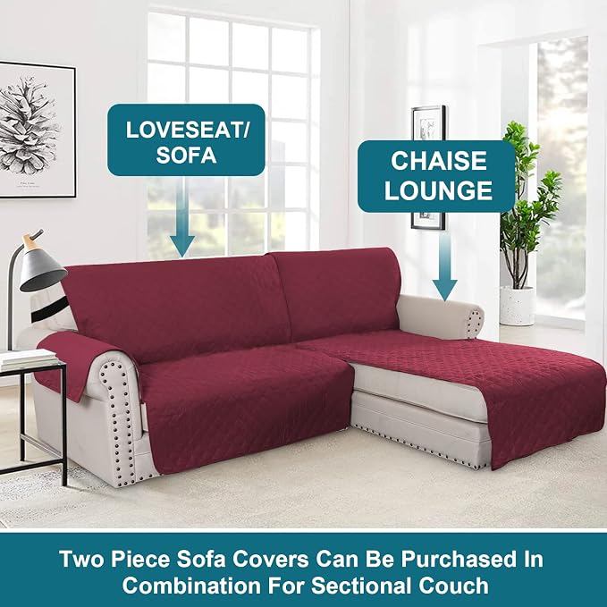 Turquoize 100% Waterproof Sofa Covers Chaise Lounge L Shape Sofa Protector Slip Cover Triple Non-Slip Sofa Slipcover for Sectional Couch Cover for Pets, Kids (Chaise, Burgundy)