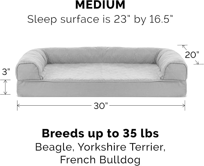 Furhaven Memory Foam Dog Bed for Medium/Small Dogs w/ Removable Bolsters & Washable Cover, For Dogs Up to 35 lbs - Quilted Sofa - Silver Gray, Medium