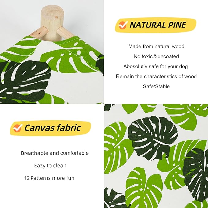Patas Lague Cat and Dog Hammock Bed for Small Dogs, Brethable Wooden Cat Pet Rabbit Elevated Cooling Outdoor Bed Cots Furniture for Summer Monstera Leaf
