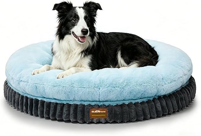 ClevaHome Orthopedic Dog Bed for Large Medium Dogs, 36 inches Round Double-Layer Plush Dog Bed, Removable Washable Cover, Anti-Slip Bottom, Ice Blue