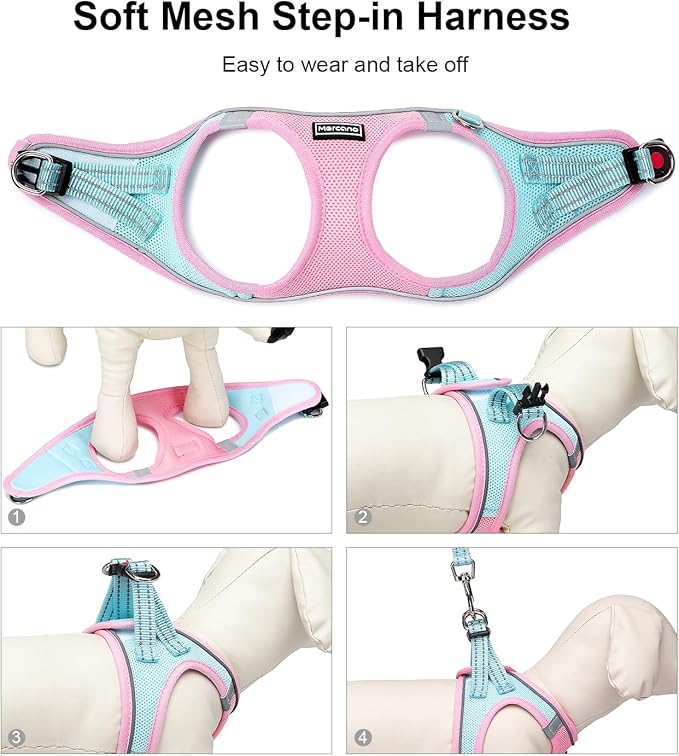Mercano Soft Mesh Dog Harness and Leash Set, Step-in Reflective Breathable Lightweight Vest Harnesses with Safety Buckle for Small Dogs, Cats (XL, Pink Blue)