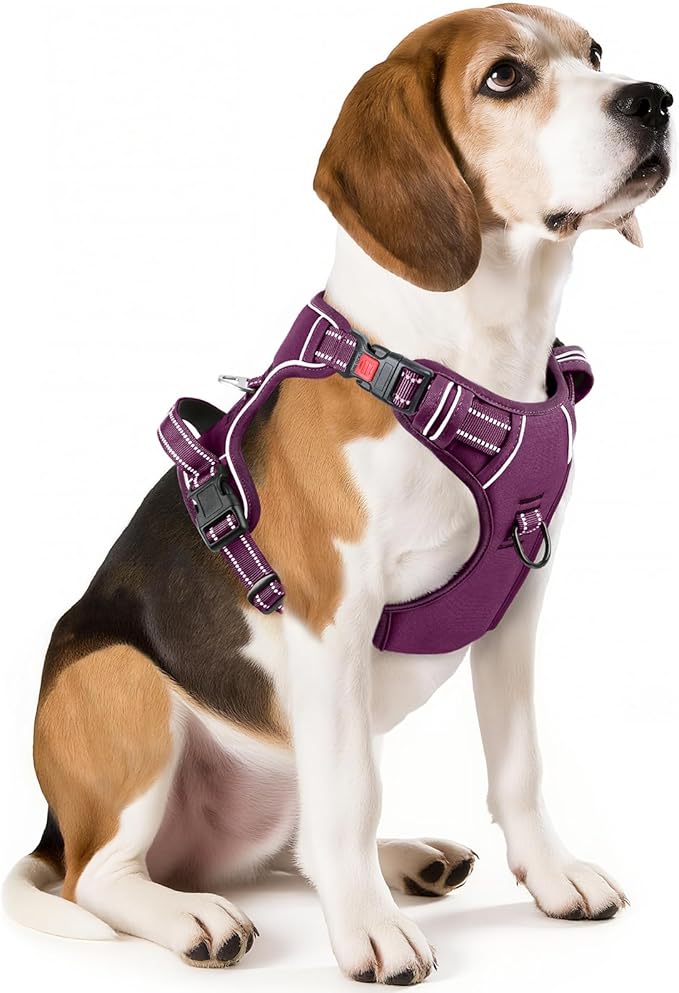 Timos Dog Harness Medium Sized, No Pull Pet Harness with Neck Lockable Snap, No Choke Front Clip Reflective Vest, Adjustable Metal Rings 3 Buckles, Easy Control Handle for Medium Dogs Grape Purple M