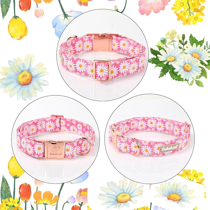 Pink Daisy Dog Collar, Cute Spring Flower Female Pet Collar with Metal Buckle, Soft Adjustable Designer Dog Collars for Small Medium Large Dogs XL
