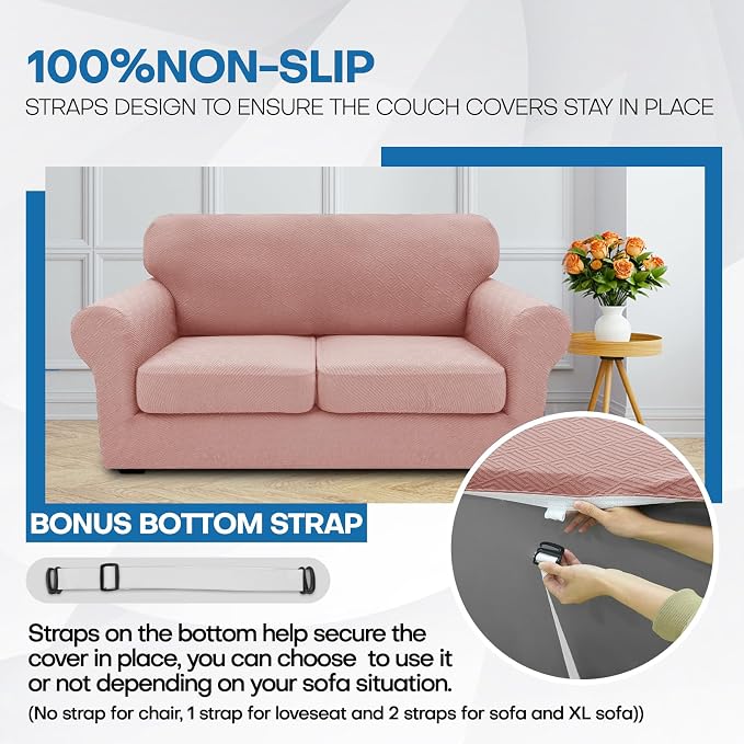 XINEAGE New 4 Pieces Couch Covers for 3 Cushion Couch Super Stretch Thick Soft Sofa Cover Anti Slip Sofa Slipcover Dogs Cats Furniture Protector (Dusty Pink, 71"-91")