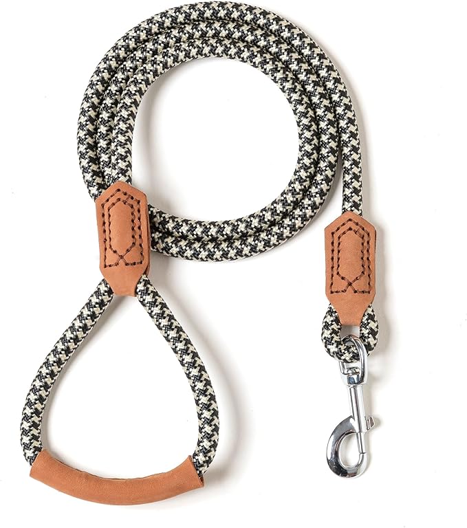 Mile High Life | Premium Leather Handle Dog Leash | Strong Rope Leash | Zinc Alloy Strong Clasp | Small Medium Large Dogs | 4/5/6 Feet(Black Khaki, 48 Inch (Pack of 1))