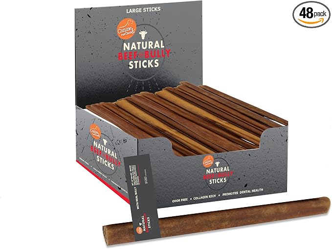 Canine Naturals | Natural Beef & Bully Sticks | 48 Count | Long-Lasting, Odor Free, High Protein Chews Made with 100% Real Bully | Bulk Carton Large Sticks