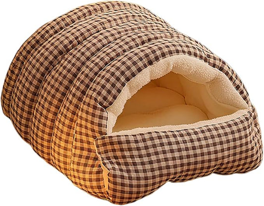 Cozy Monster Cat Bed, Warm Winter Cat Cave with Removable Cushion, Calming Anti-Anxiety Sherpa Fleece Pet Bed for Indoor Cats & Small Dogs, Washable 360° Nesting Design (A - Brown, Small)