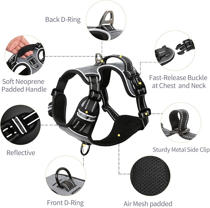 HEELE Dog Harness, No Pull Adjustable Padded Reflective Harness for Small Medium Large Dogs with Handle for Walking Training, Grey, M