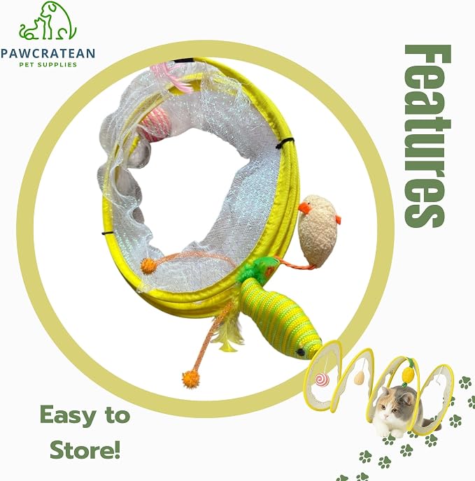 Cat Tunnel with Hanging Toys, Cat Toys Kitten Toys Assorted, Indoor Activity Center for Cats and Kittens, 10 x 22 inches (Yellow)