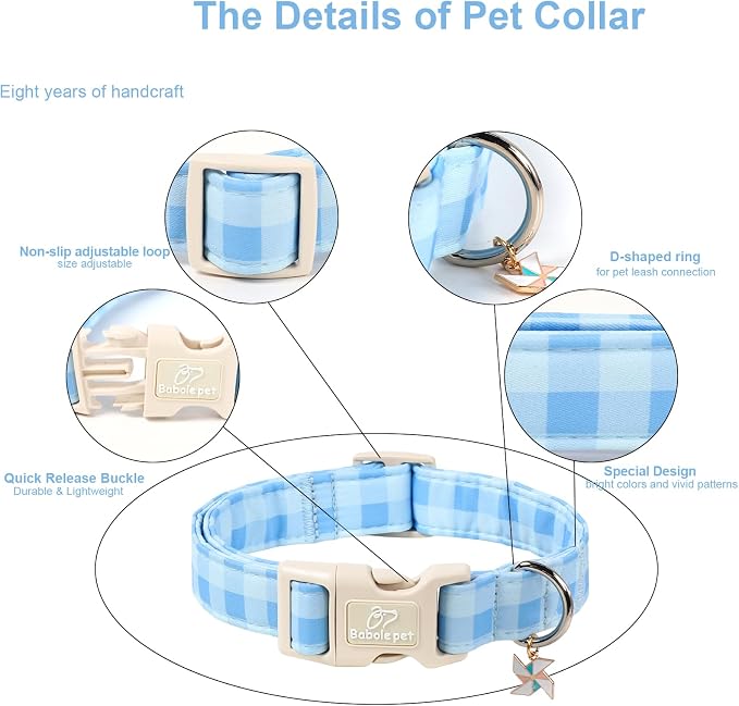 Boy Dog Collar Blue Gingham Dog Collars for Puppy Small Dogs - Lightweight Adjustable Spring/Summer Plaid Male Female Dogs Everyday Collar with Safety Buckle XS