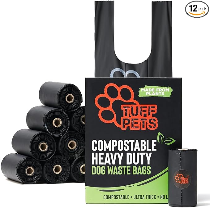 Tuff Pets Certified Compostable Heavy Duty Dog Poop Bag With Handles - 12 Rolls of Pet Waste Bags - Fits in any Dogs Poo Bag Dispenser or Holder - Thick Dog Poop Bags