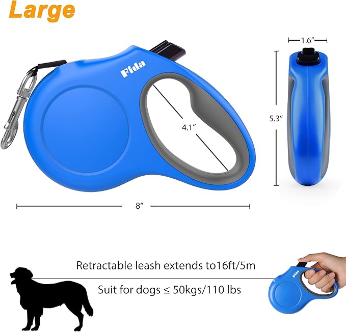Fida Retractable Dog Leash with Dispenser and Poop Bags, 16 ft Pet Walking Leash for Large Dog up to 110 lbs, Anti-Slip Handle, Tangle Free, Reflective Nylon Tape (L, Blue)