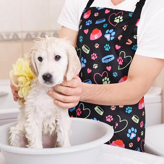 Dog Grooming Waterproof Apron with 2 Pockets, Cute Animals Puppy Dog Pets Apron