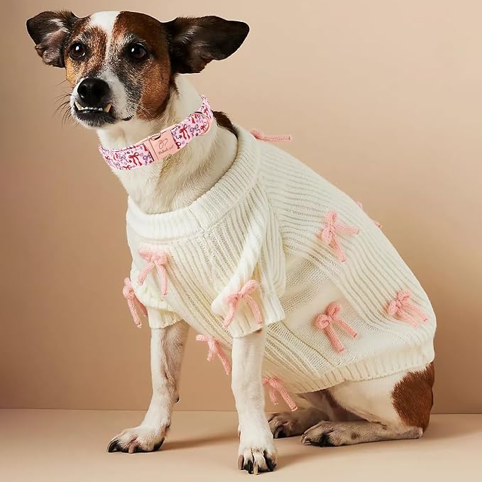 Pink Dog Collar for Female Medium Dogs - Cute Bow Pattern Girl Dog Collar for Spring Summer, Adjustable Heavy Duty Pet Valentines Collars with Metal Buckle M