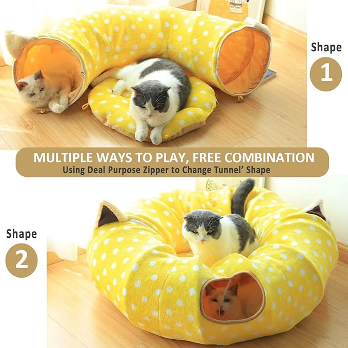 AUOON Cat Tunnel Bed for Indoor Cats - Large Cat Donut Tunnel with Hanging Ball Toy, Collapsible 2-in-1 Multifunctional Interactive Cat Toy for Kitten, Puppy, Rabbit, Ferret (Yellow)