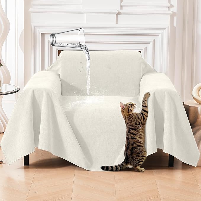 Deep Dream Cat-Scratch Resistant Armchair Couch Cover, Waterproof Sofa Cover for Dogs, Pet Friendly Couch Protectors Anti Slip Thickened Slipcovers for Dogs Pets, 71" x 91", White