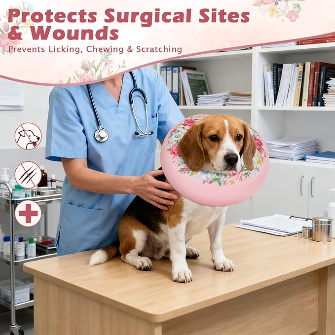 IEUUMLER Inflatable Recovery Dog Cone Collar, Neck Donut Protective ECollar, Adjustable Soft Collar for Dog and Cat After Surgery Prevent from Biting & Licking EU020 Floral Wreath M