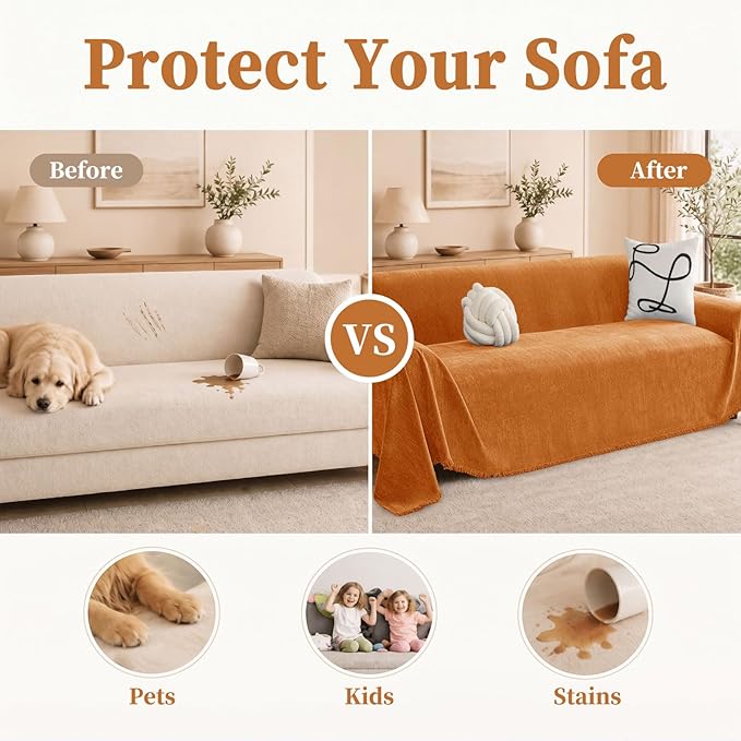 hyha Couch Cover for Dogs, Boho Sofa Covers for 3 Cushion Couch Washable, Chenille Sofa Slipcover for Pets, Soft Loveseat Sectional Couch Throw Blankets with Tassels (Orange, 71x134 Inch)