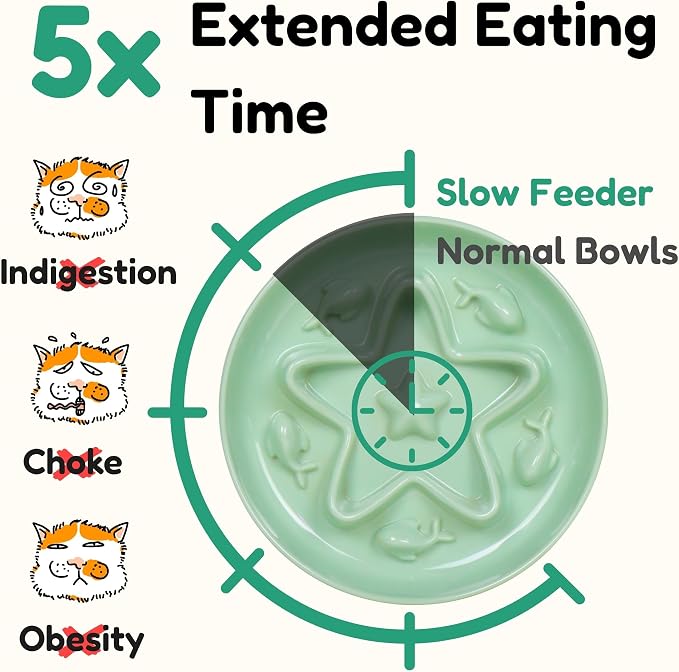 2 Pcs Cat Slow Feeder Bowl – Whisker Friendly Melamine Puzzle Feeding Cat Bowl for Slow Eating – Wet & Dry Food – Dishwasher Safe, Lightweight, Non-Slip (Ocean Mist + Seafoam Green, 6.3'')