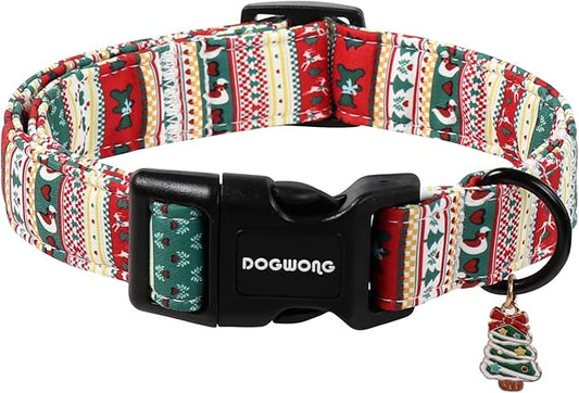 DOGWONG Christma Dog Collar, Classic Cute Red Green Christmas Tree Dog Collar for Boy and Girl Dogs, Strong Plastic Buckle Dog Collars for Small Medium Dogs,M