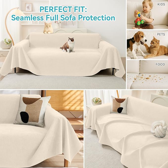 Warmstar Couch Protector from Cat Claws, Waterproof Couch Cover Anti Slip,Couch Cover 3 Cushion Sofa Washable,Anti-Scratch Pet Sofa Cover Heavy Duty,91"X118", Beige