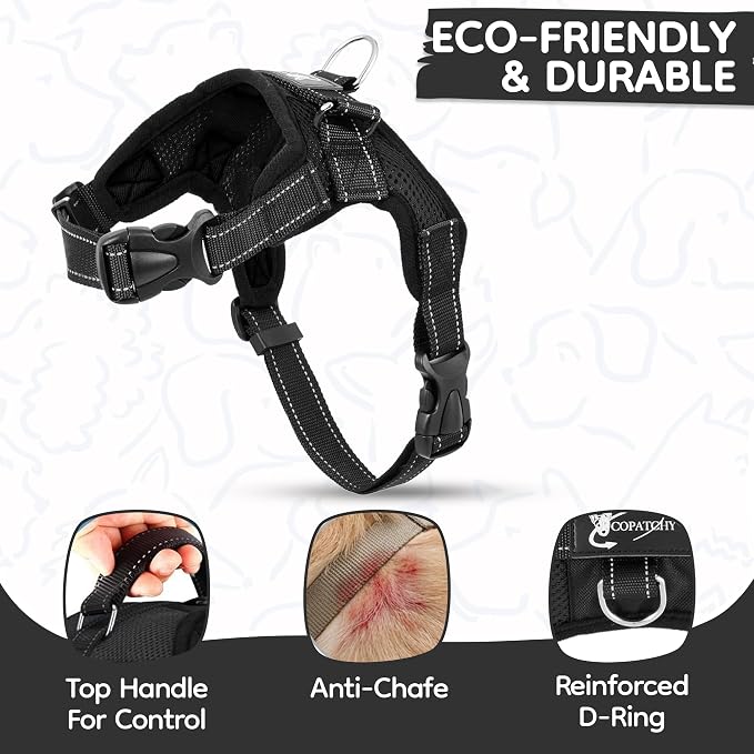 No Pull Reflective Adjustable Dog Harness with Handle- Comfortable Soft All Weather Mesh, Easy On Puppy Harness for Small Medium and Large Dogs (Black) Medium