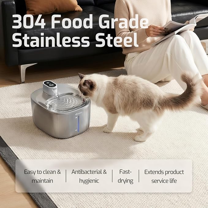 Cat Water Fountain Stainless Steel,152oz/4.5L Wireless Pet Fountain,Automatic Water Bowl for Cats Dogs with Motion Sensor,Quiet Filtered Pet Water Fountain w 5 Filters(Filters for 4 Months)