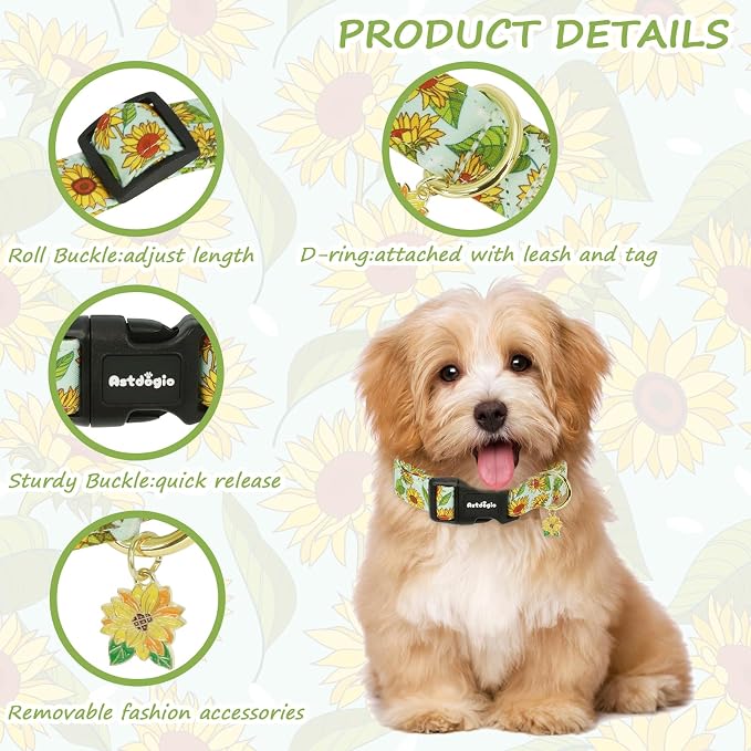 Dog Collar for Extra Small Dogs, Spring &Summer Theme Dog Collars with Sunflower Pattern, Adjustable Green Small Dog Collars, Cute Girl or Boy Dog Collar Ideal for Gifts,Pet Accessory,S