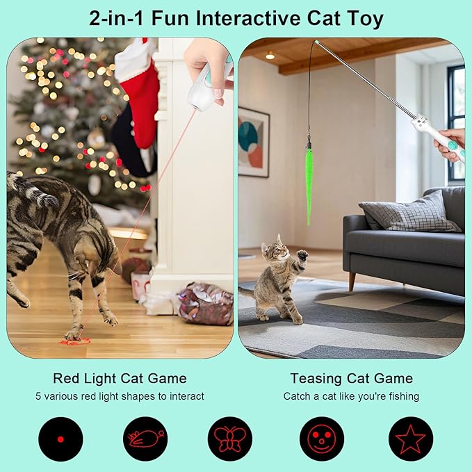 TBTeek Cat Toy, 2in1 Light and 22" Retractable Pole with Feather, Rechargeable, 5 Modes, Interactive Wand Toy for Indoor Cat Kitten Dog 3 Refills