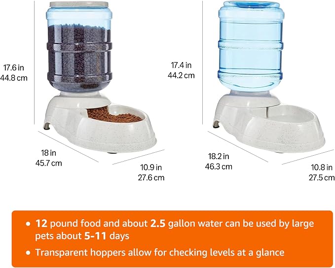 Amazon Basics Large Capacity Automatic Pet Water Dispenser and Gravity Feeder Set, Easy to Clean, 456.6fl.oz Food, 382.1fl.oz Water, Gray