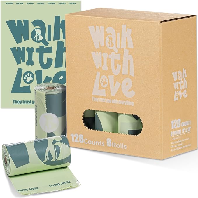 Poop Bags for Dogs, Leak Proof and Landfill Friendly Waste Bags for Dog Walking and Cats Litter, Fits Leash Dispenser, Unscented, 128 Bags（8 Rolls × 16 Bags),Green