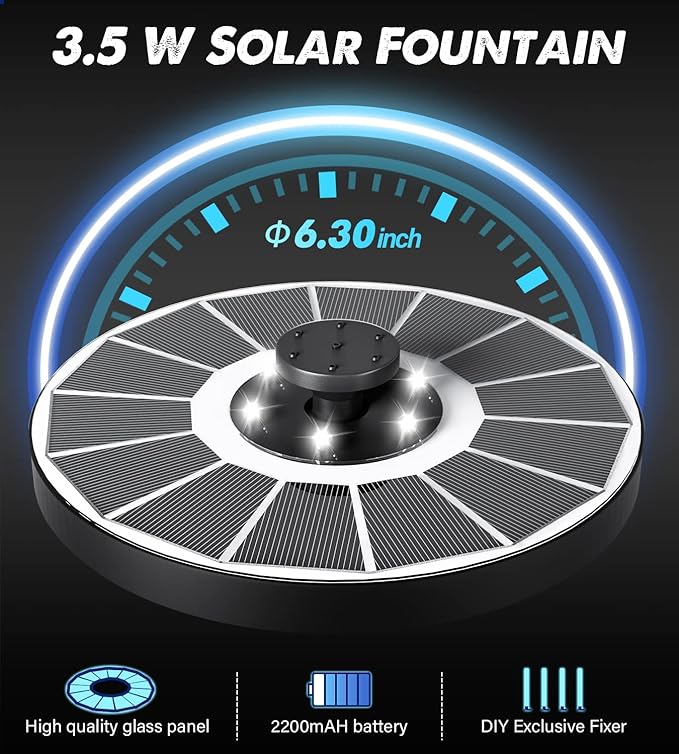 Yzert Solar Fountain Glass Panel with 2200 mah Battery, 3.5W Floating Solar Water Fountain with 4 Fixed Rods, Solar Pump for Bird Bath, Garden, Pond, Pool, Outdoor (White Panel White Lights)