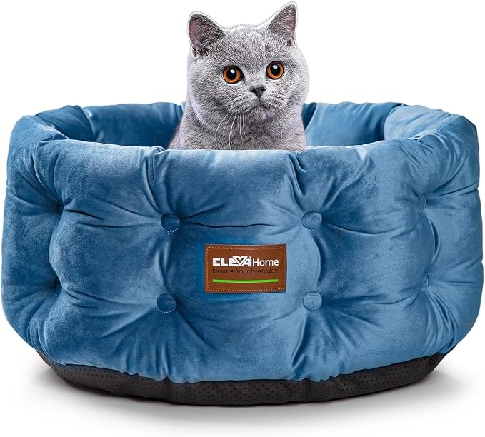ClevaHome Deep Nest Cat Beds for Indoor Cats, Washable Round Cat Bed, Cute Kitten Bed with Anti-Slip Bottom for Kitty and Puppy, 20inches, Steel Blue