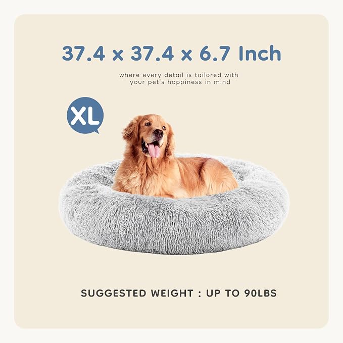 DUMOS 37.4x37.4 Inch Calming Donut Dog Beds for Large Dogs, Machine Washable Cuddler Warming Cozy Fluffy Faux Fur Plush Round Pet Bed, Anti-Slip Bed for Indoor Dogs and Cats, Grey