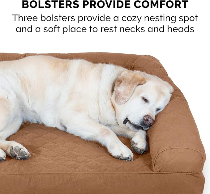 Furhaven Memory Foam Dog Bed for Medium/Small Dogs w/ Removable Bolsters & Washable Cover, For Dogs Up to 35 lbs - Quilted Sofa - Toasted Brown, Medium