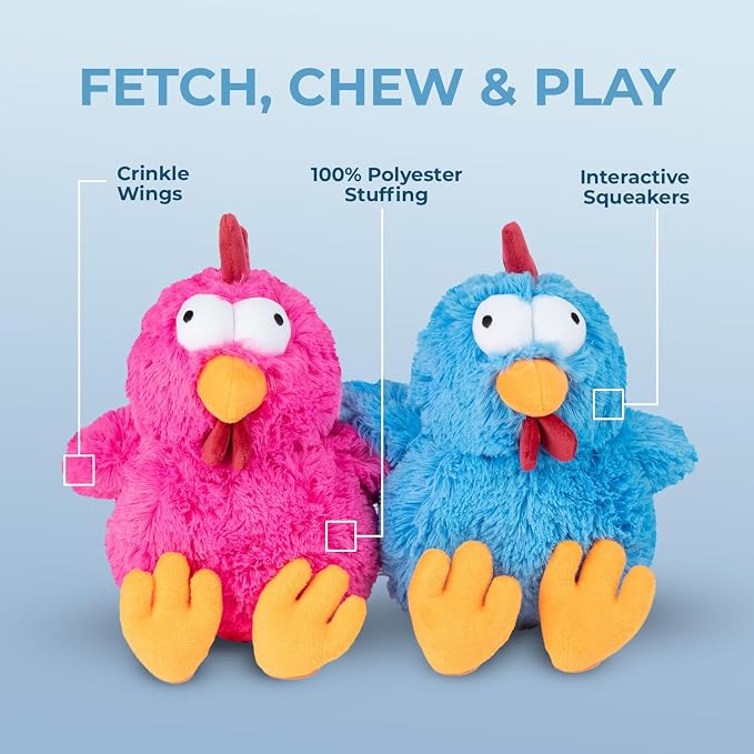 Best Pet Supplies Interactive Squeaky Dog Chew Toy, Ideal Dog Toys for Chewers, Small, Medium & Large Dogs, and Fetch Lovers - Mrs. Cluck (Blue), Large