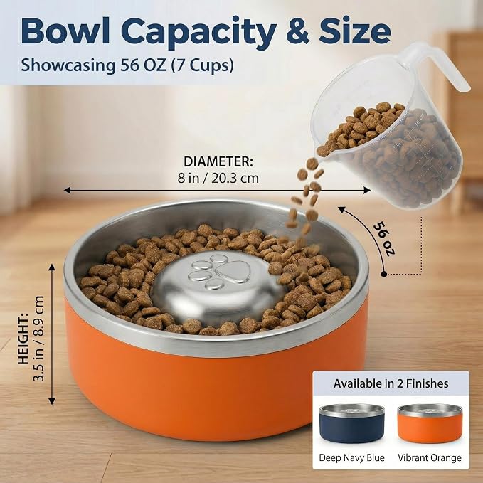 Stainless Steel Slow Feeder Dog Bowl, Heavy Duty Thickened Metal Dog Bowl, Non-Slip Base, Dishwasher Safe, Anti Gulping Feeding Bowl for Small to Medium Dogs & Cats, 56 oz, (Orange)
