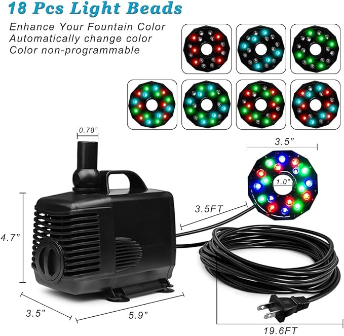 DOMICA 45W 792 GPH LED Pond Pump with Fountain Kit (3000L/H), Submersible Garden Water Fountain Pump, for Waterfall, Hydroponics, Aquariums, Fish Tanks, Indoor Outdoor (AC Powered)